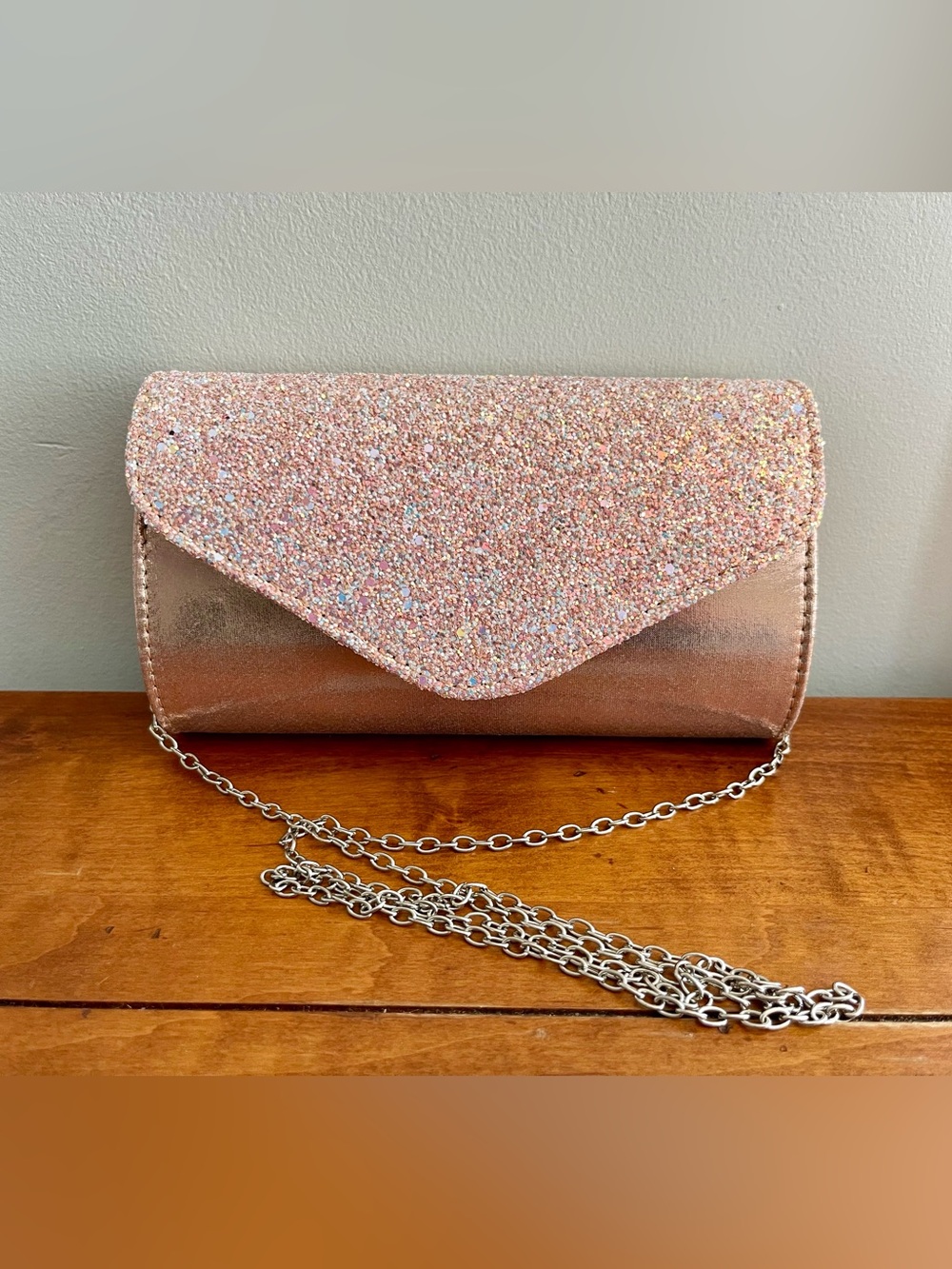 Sparkle Rose Gold Glitter Envelope Clutch with Chain NWOT